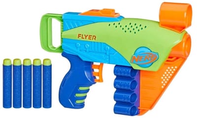 Hasbro Nerf Elite Jr Flyer Blaster - kinderspeelgoed schuimblaster - eenvoudig te gebruiken - lichtgewicht - pijltjesblaster met richtsysteem - inclusief pijltjes opslag - actief buitenspeelgoed kinderen - Nerf speelgoed jongens meisjes