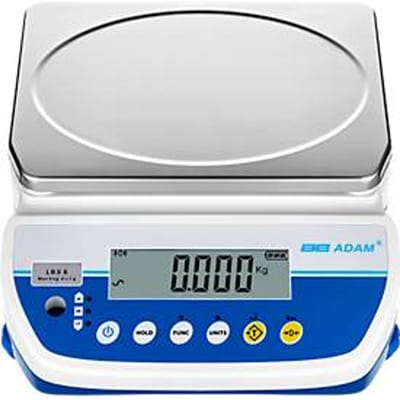 Bankweegschaal Adam Latitude LBX 3, weegbereik 0,5 g-3 kg, LC-display, netaansluiting/batterij, B 255 x D 290 x H 105 mm, roestvrij staal, wit-blauw