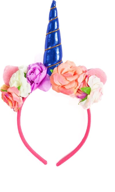 KIMU® Eenhoorn Haarband Bloemetjes Roze Band Donkerblauw - Unicorn Diadeem Met Oortjes en Bloemen - Donkerblauwe Hoorn Paarse Roze Bloemen Festival