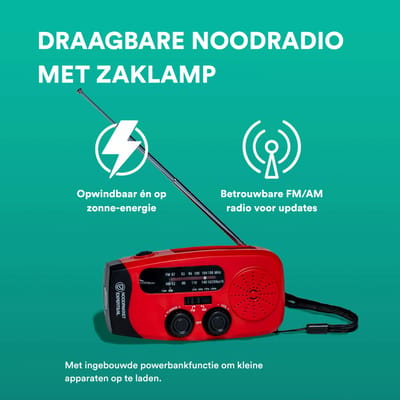 Draagbare Noodradio – Solar & Dynamo – FM/AM Radio, Zaklamp & Powerbank – Opwindbaar, USB-Oplaadbaar – Voor Noodpakket, Camping & Stroomuitval