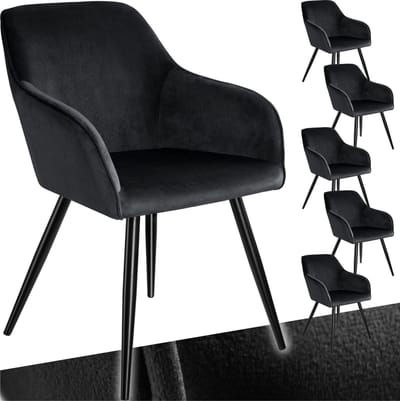 tectake® Eetkamerstoel Marilyn - Set van 6 - Met Armleuningen - Elegante Stoel met Gevoerde Zitting in Fluweellook - Gestoffeerd - Zwarte metalen poten - Ergonomische Keukenstoel - Stoel voor Woonkamer, Eetkamer en Slaapkamer - Zwart