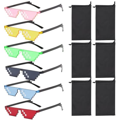 Dailygoods- Zonnebril - 6 Stuks - Grappige/Zonnebril - Feestzonnebril/Festivalbril - Lichtgewicht/Duurzaam - Inclusief Brillenkoker - Uniek Pixelontwerp - Feestbril