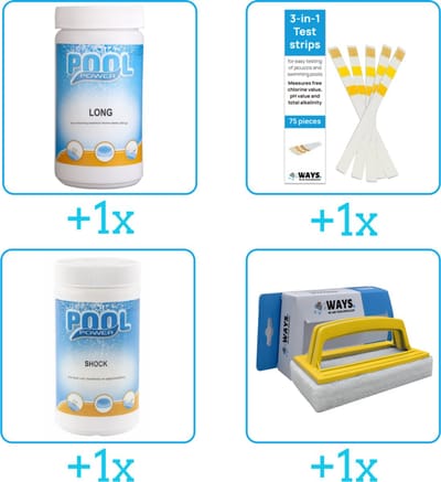 Zwembad Onderhoudspakket - Onderhoud Zwembad - bevat Chloor - Testrips - Chloor en Scrubborstel (4-delig)