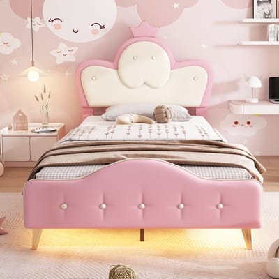 Wishdor – Gestoffeerd Kinderbed 90x200 cm – Golvend Hoofdbord met Kroon – LED-Lichtstrip – Magisch & Veilig – PU – Roze en Wit