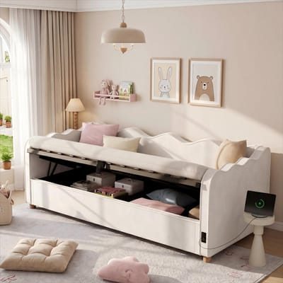 Slaapbank 90x200 cm met hydraulische opbergruimte - gestoffeerd bed - met USB en rugleuning - fluweel - beige