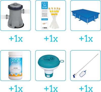 Accessoires voor Bestway Steel Pro Zwembad - 259x170x61 cm - Rechthoekig - Bestway - 56403 - Pomp - Testrips - Afdekzeil - Chloor - Chloordrijver - Schoonmaakset