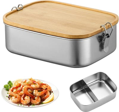 Broodtrommel van roestvrij staal, 1200 ml, 2 vakken, broodtrommel voor volwassenen/kinderen, lunchbox met houten deksel, lekvrij, BPA-vrij, Bento Box, ontbijtbox voor school, uitstapjes