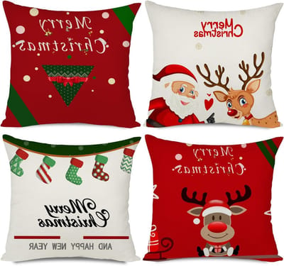 Set van 4 Kerst Kussenhoezen 50x50 cm, Decoratieve Kussens met Kerstcartoons voor de Bank