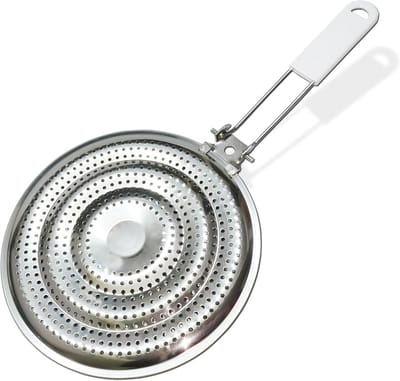 Warmteverdeelplaat voor gas- en elektrische fornuizen – 8-inch sudderplaat met vlammenbeschermer en inklapbare Cool-Touch-handgreep; inductie-adapter voor gelijkmatige warmteverdeling, ideaal voor slow cooking en koffiebereiding.