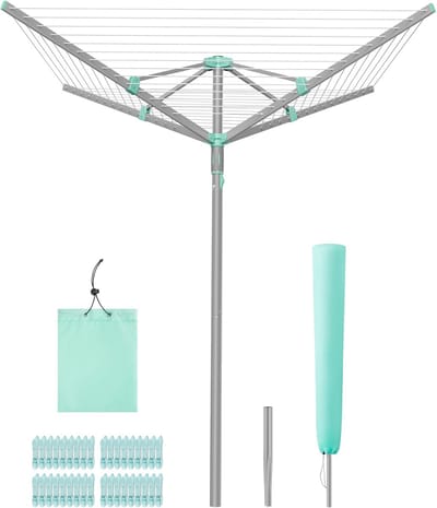 Draaibare waslijn met beschermhoes en 50 meter waslijn voor 5 wasbeurten - 139,3 x 139,3 x 181,5 cm - Zilver