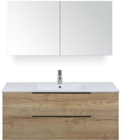 Seville Badmeubelset 120 cm - 2 Laden Natuur Eik Edge - Wastafel Enjoy Enkel met Spiegelkast