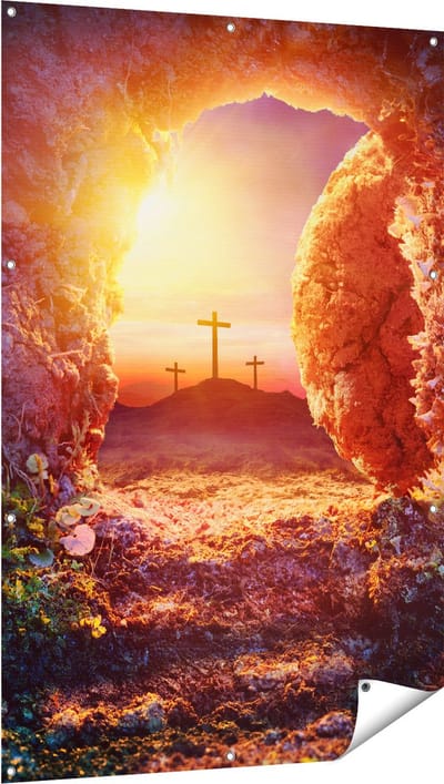 Gards Tuinposter Kruisiging bij Zonsopgang - Opstanding Jezus - 100x150 cm - Tuindoek - Tuindecoratie - Wanddecoratie buiten - Tuinschilderij