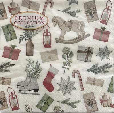 40 Kerstmis Kerst Servetten - Antieke Ornamenten - Hobbelpaard - Lantaarn - Schaatsen - Pakje - Kaars - Sok - Candy Cane - Kerstgroen - Wit - Rood - Groen - Grijs - 33 x 33 cm - 3-Laags - Premium Collection by Jean