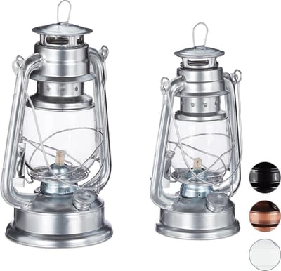 relaxdays olielamp set 2 stuks - stormlamp - petroleumlamp - windlicht - stormlantaarn zilver