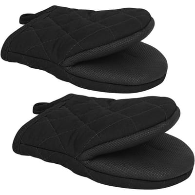 1 Paar Korte Ovenwanten Siliconen Keuken Ovenhandschoenen Hittebestendig 500℉ met Antislip Gripoppervlakken en Ophanglus Zwart black
