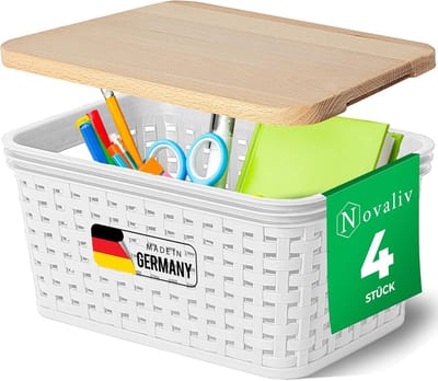 Novaliv set van 4 elegante opbergmanden met houten deksels in rotanlook | Wit voedselveilig plastic 2L? voor kantoor en thuis. Veelzijdige opbergdozen. Ideale opbergdoos