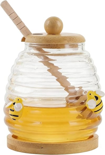 Transparante Honingpot van 500 ml met Lepel en Houten Deksel - Ideaal voor Honing en Siropen, Grote Opening, Duurzaam en Stijlvol