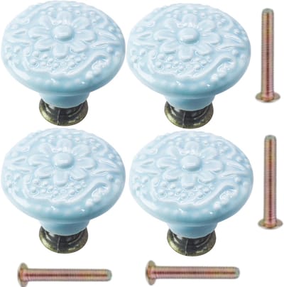 Meubelknoppen Set Lichtblauw Keramiek Rond met Bloem - 4x Kastknop blauw met schroef - Vintage/Antiek handgreep voor deur en lade