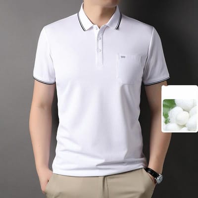 Contenant de la Soie de Mûrier T-shirt Papa Manches Courtes Vêtements d'Été pour Hommes d'Âge Moyen avec Poches Hauts pour Jeunes et d'Âge Moyen Polos 3XL white