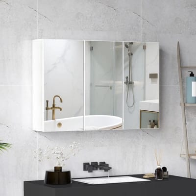MODFU Badkamerspiegelkast - 3 Spiegeldeuren - Wandmontage - Modern - Spaanplaat En Glas - Wit - 90 x 15,5 x 60 cm