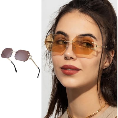 Lunettes de soleil tendance pour femmes et hommes - Lunettes de soleil sans monture octogonale Noir Lunettes teintées polygonales pour hommes et femmes beige