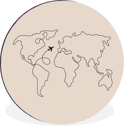 WallCircle - Wandcirkel - Muurcirkel - Wereldkaart - Simpel - Vliegtuig - Aluminium - Dibond - 30x30 cm - Binnen en Buiten