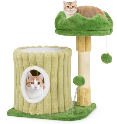 COSTWAY Krabpaal klein, kattenboom met platform, sisal-krabzuil, kattenhol & 2 ballen, kattenkrabpaal van hout en pluche, kattenmeubel, klimboom, activiteitsboom, speelboom, groen