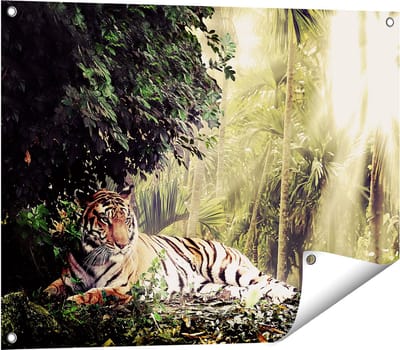Gards Tuinposter Tijger in de Jungle met Zonneschijn - 80x60 cm - Tuindoek - Tuindecoratie - Wanddecoratie buiten - Tuinschilderij