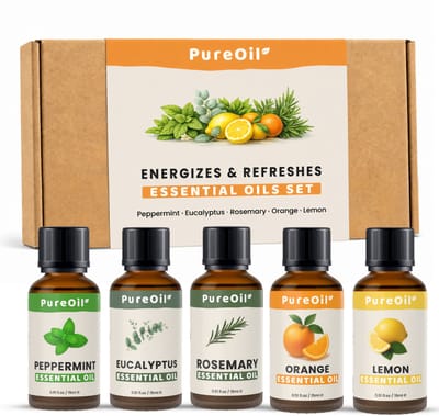 PureOil – Etherische Olie Set– 5-delig – Pepermunt Olie - Eucalyptus Olie - Rozemarijn Olie - Sinaasappel Olie - Citroen Olie - 100% Puur, Natuurlijk & Vegan – Voor Haar | Huid | Gezicht | Scalp | Diffuser | Aromatherapie - 5 x 15ml