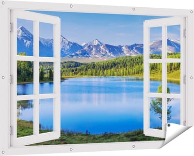 Gards Tuinposter Doorkijk Meer bij de Bergen in het Bos - 150x100 cm - Tuindoek - Tuindecoratie - Wanddecoratie buiten - Tuinschilderij