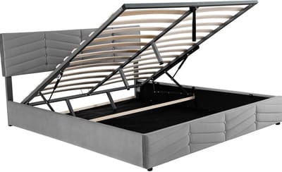 Polsterbett 160x200 cm - Hydraulisch opbergbed met verstelbaar hoofdbord, grijs fluweel gestreefd design