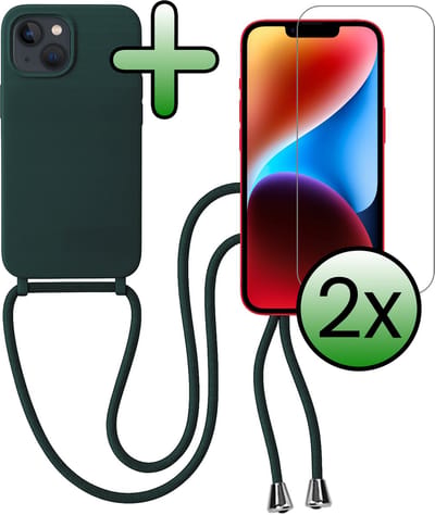 Hoes Geschikt voor iPhone 13 Mini Hoesje Met Koord Met 2x Screenprotector - Telefoonhoesje Geschikt voor iPhone 13 Mini Backcover Met Afneembaar Koord - Donkergroen