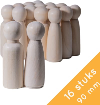 Homium Peg dolls 16 stuks man/vrouw - 90mm - Blanco houten poppetjes - pionnen - familieopstelling