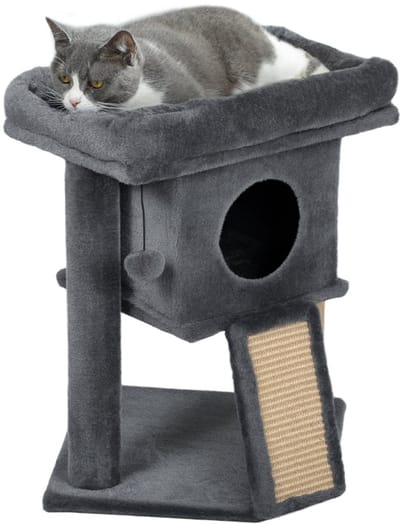 Merax Krabpaal 57 cm – Kattenboom met Krabmat Kattenhuis Speelbal en Ligplateau – Donkergrijs – 40x40 cm