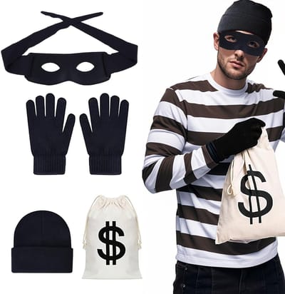 Dailygoods- Bankroverkostuum 4-delig - Dief Kostuum - Roverskostuum - Oogmasker - Dollar Geldzak - Gebreide Muts - Zwarte Handschoenen