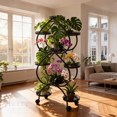 unho Plantenstandaard op Wielen - 9 Lagen - Hartvormig Bloemenrek - Metaal - Zwart - 124cm Hoog - Voor Binnen & Buiten