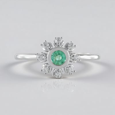 Cavill - Zilveren ring 925 Sterling met Russische smaragd 0 19 ct en 8 Cambodjaanse Zirkon 0 17 ct - Platina afwerking - Elegant groen