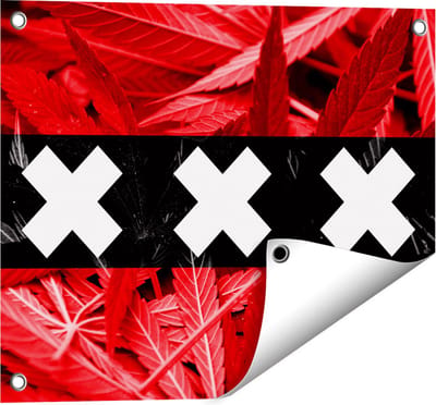 Gards Tuinposter Amsterdamse Vlag met Cannabis Achtergrond - 50x40 cm - Tuindoek - Tuindecoratie - Wanddecoratie buiten - Tuinschilderij