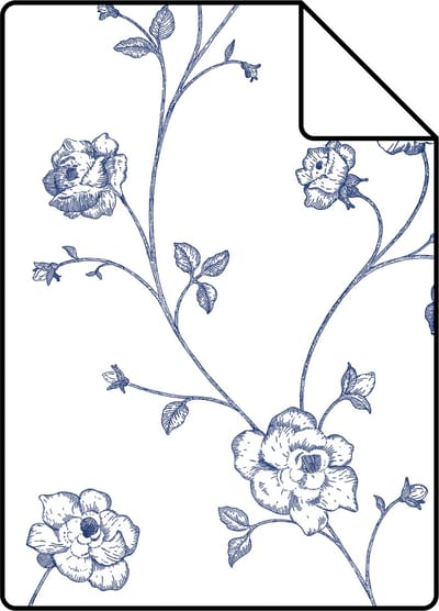 Proefstaal ESTAhome behang toile de jouy rozen wit en blauw - 26.5 x 21 cm - 139300-S