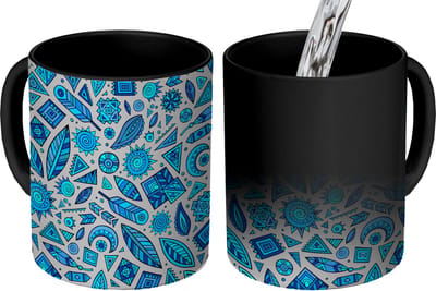 Magische Mok - Foto op Warmte Mokken - Koffiemok - Blauw - Patronen - Veren - Maan - Magic Mok - Beker - 350 ML - Theemok