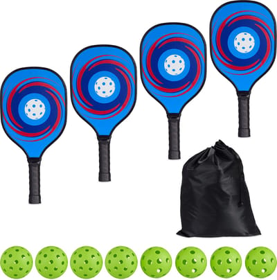 Pickleball set 4 paddles & 8 ballen - voor park strand - volwassenen rackets met zak hout meerkleurig