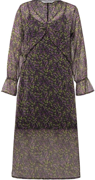 Studio Untold - Dames - Maxi jurk A-lijn chiffon minimalistische bloemen V-hals - Lavendel - Maat 46+