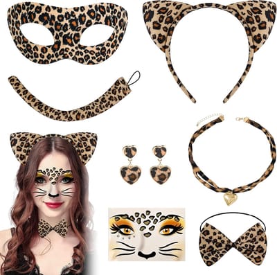 Dames Kostuum Set met Luipaardthema, 7-delige Outfit met Oren, Staart, Masker, Choker en Stickers voor Carnaval en Cosplay