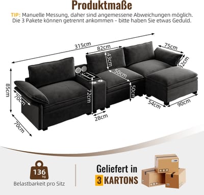 MIVRAY Hoekbank 315 Cm - Modulaire 4-Zits Met Opbergruimte, Draadloos Laden En Luidsprekers - Woonkamer - Chenille Zwart