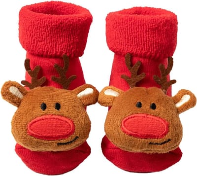 Babyslofjes Kerst/winter - Rood met Rendieren - maat 0 tot 12 maanden - Baby Sokjes met antislip