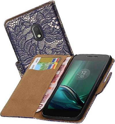Lace Bookstyle Wallet Case Hoesjes Geschikt voor Moto G4 Play Blauw