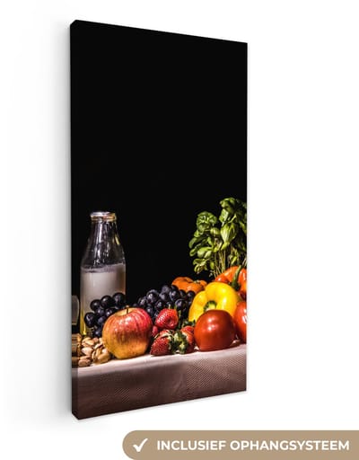 Stilleven schilderij - Eten en drinken - Tafel - Kleed - Wijn - Canvas stilleven - Schilderij stilleven - Wanddecoratie - 20x40 cm