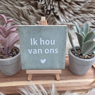 Robuust Wenstegeltje – Ik Hou van Ons – Hip trendy tegeltje – 10x10 cm – Cadeau voor Partner, Valentijn of Jubileum – Stijlvol en Persoonlijk Woonaccessoire - Zomaar - Voor jezelf – Trendy nu – Decoratief Tegeltje met Standaard – Cadeau Idee