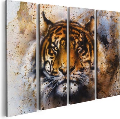Artaza Canvas Schilderij Vierluik Geschilderde Tijger - Abstract - 80x60 cm - Wanddecoratie Woonkamer - Schilderijen - Muurdecoratie
