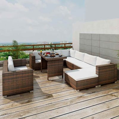 vidaXL - 10-delige - Loungeset - met - kussens - poly - rattan - bruin